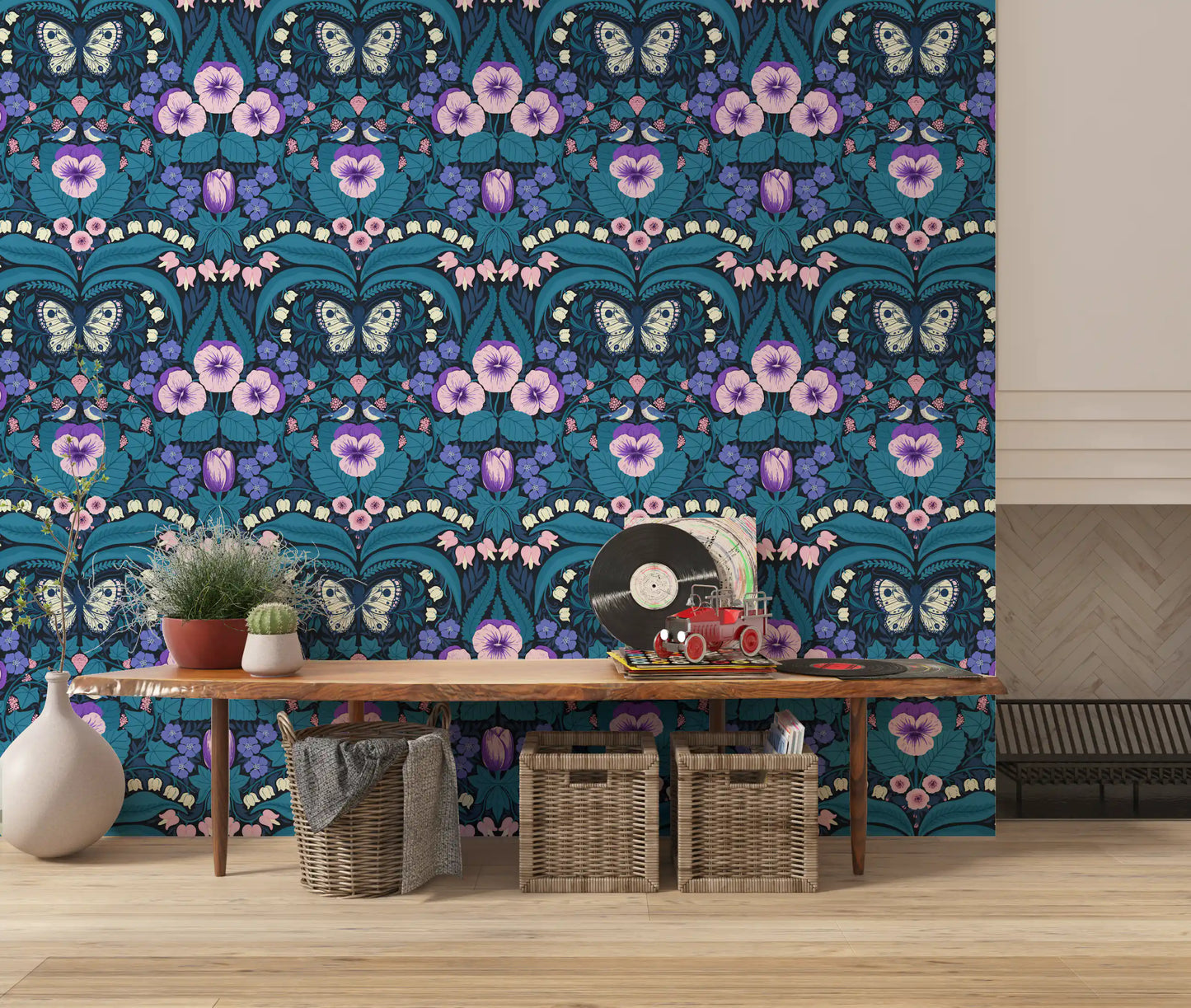 Delicate white lilies and pale blossoms populate the Dollhouse garden wallpaper.