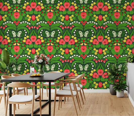The Dollhouse garden, pansies, birds and butterflies wallpaper covers this dining room.