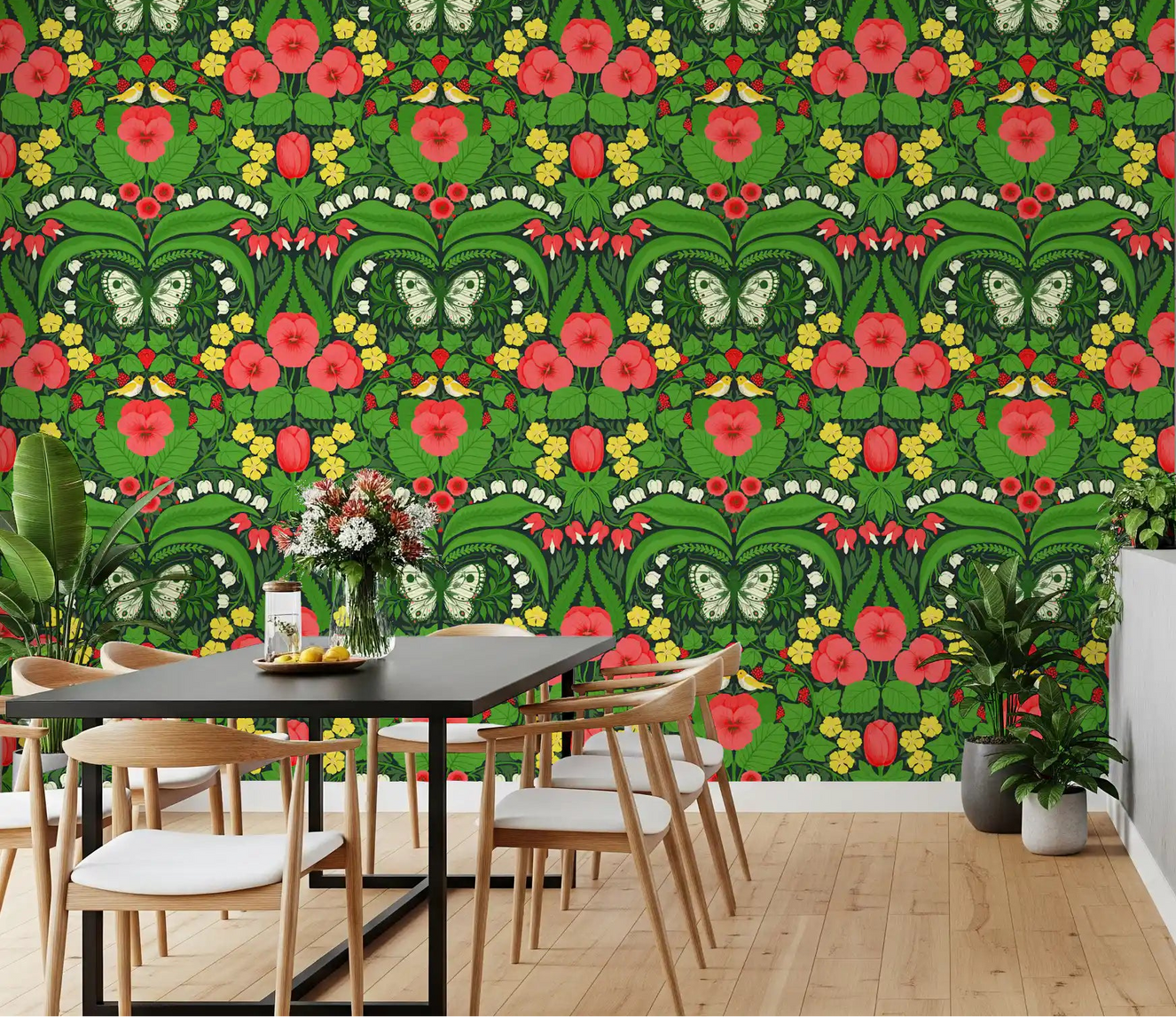 The Dollhouse garden, pansies, birds and butterflies wallpaper covers this dining room.
