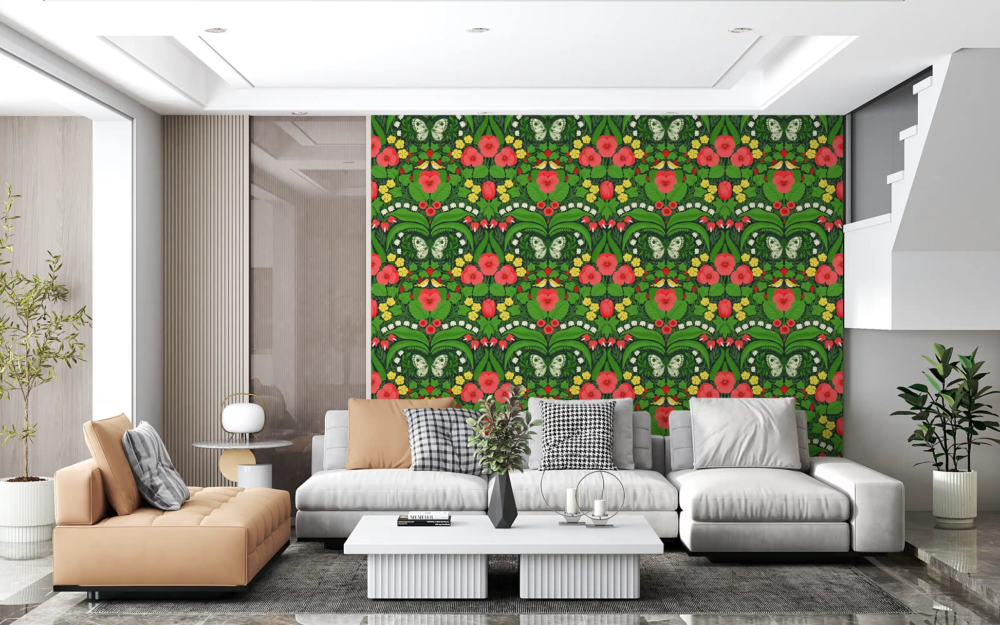 Yellow finches rest on the Dollhouse garden, pansies, birds and butterflies wallpaper.