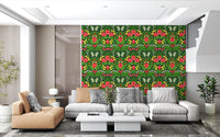 Yellow finches rest on the Dollhouse garden, pansies, birds and butterflies wallpaper.