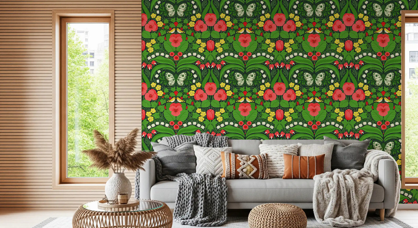 Intricate white moth details highlight the core of this cohesive pansies wallpaper.