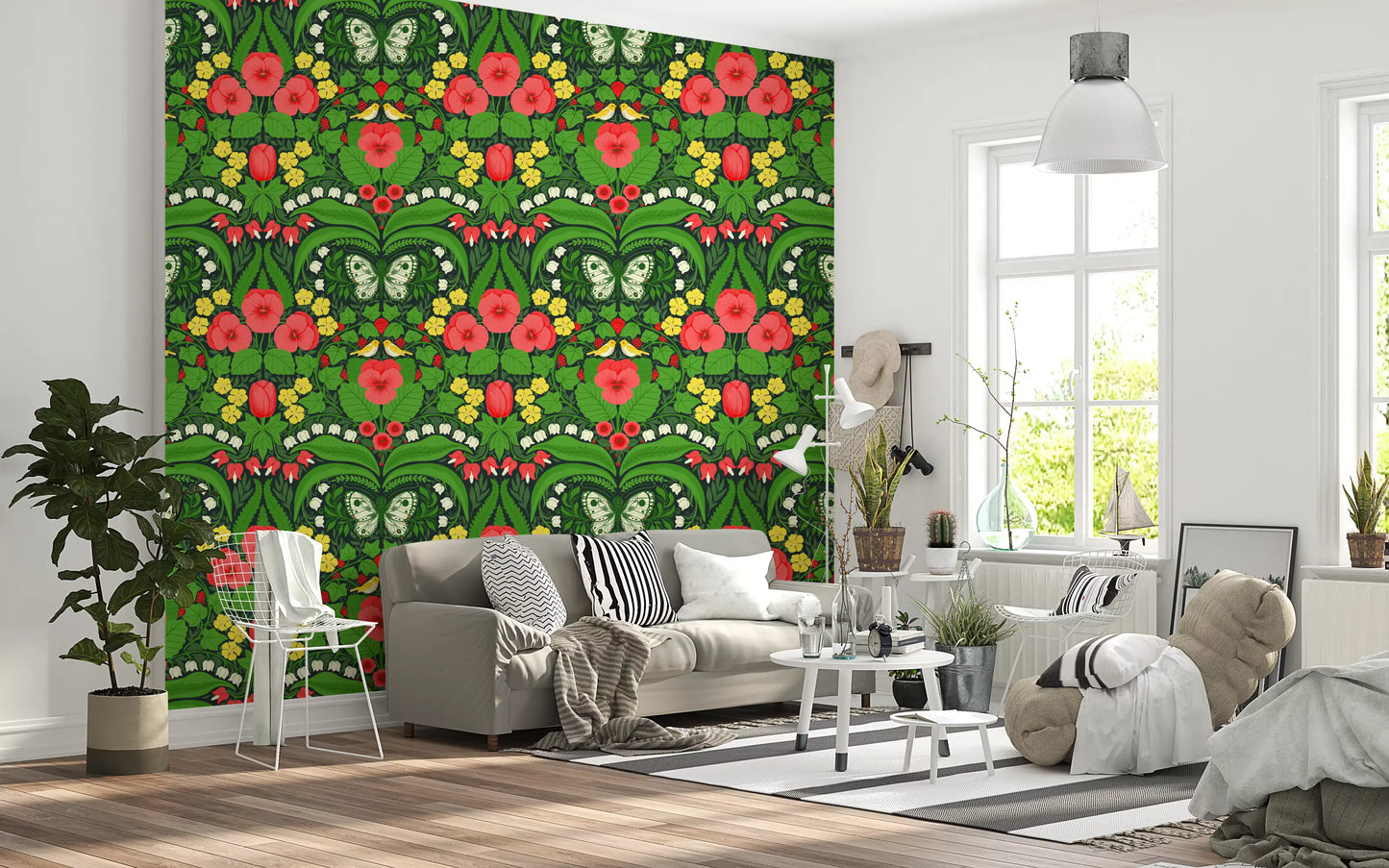 Guests view the Dollhouse garden, pansies, birds and butterflies wallpaper in a Living room.