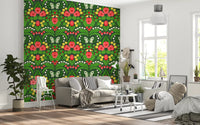 Guests view the Dollhouse garden, pansies, birds and butterflies wallpaper in a Living room.