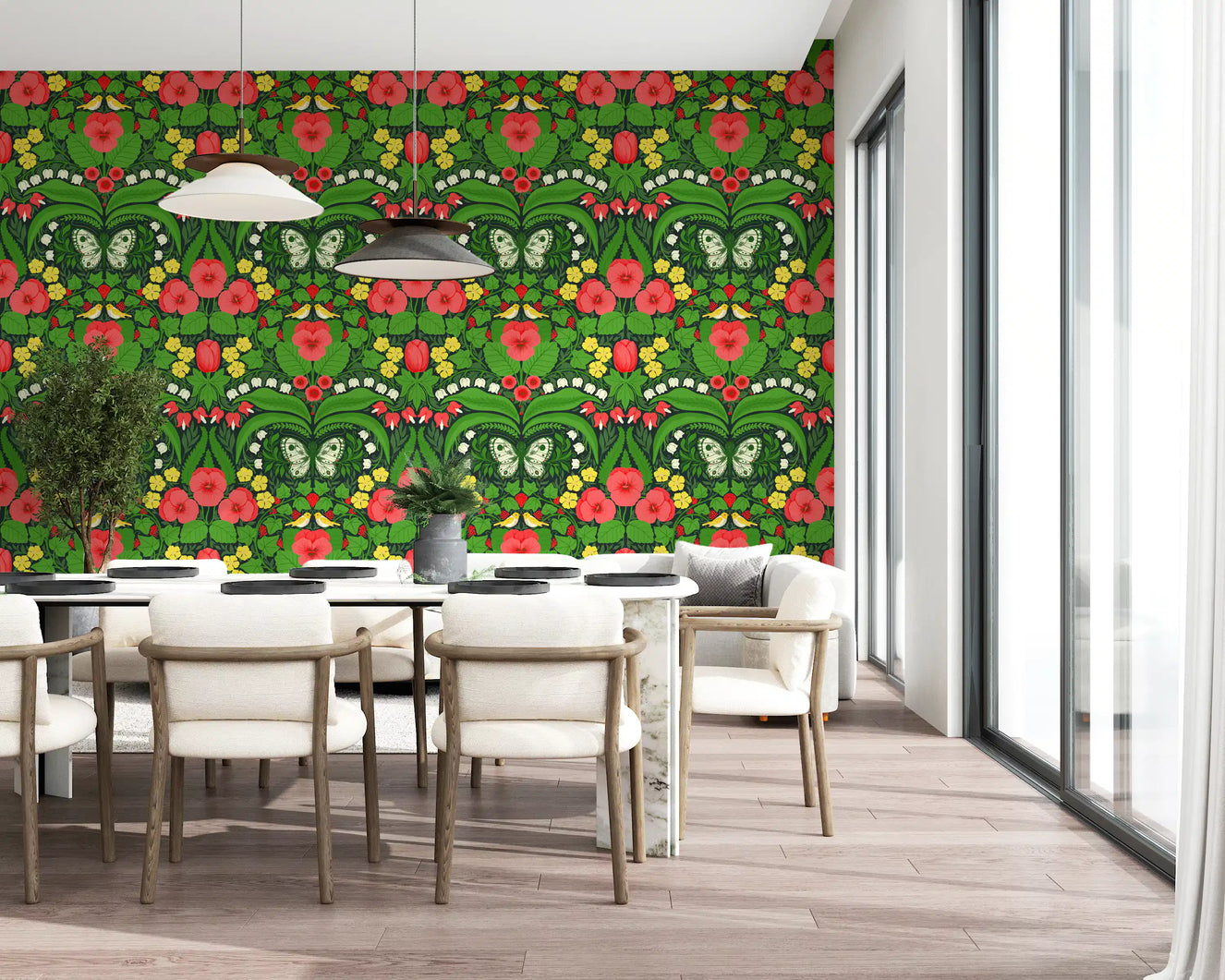 Jardin de maison de poupée, pensées, oiseaux et papillons 2 Papier peint⁠