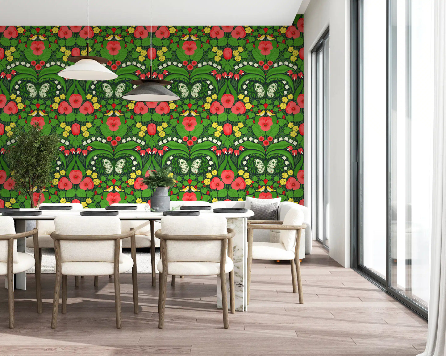 Sunlight hits the vibrant pansies wallpaper throughout this spacious Dining area.