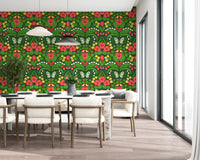Sunlight hits the vibrant pansies wallpaper throughout this spacious Dining area.