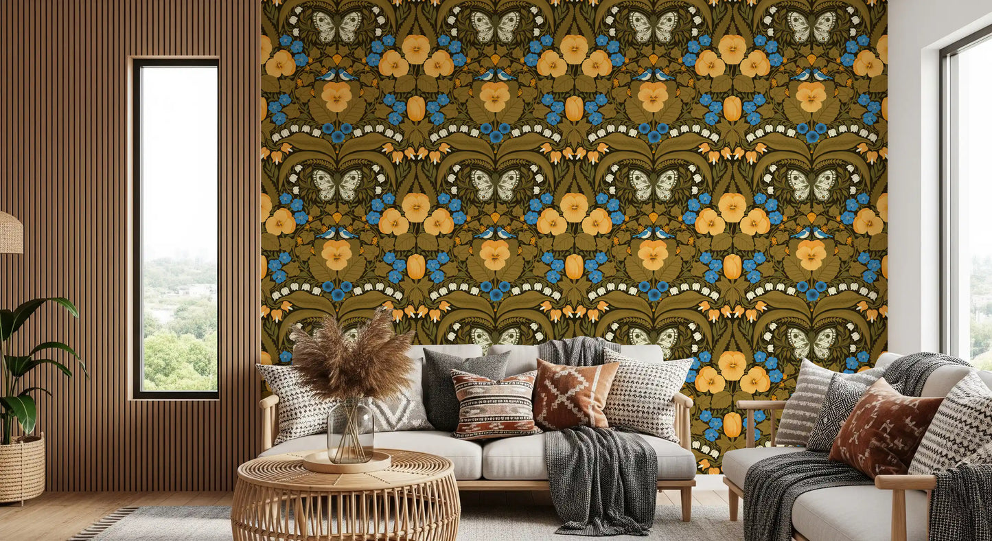 The Dollhouse garden, pansies, birds and butterflies Wallpaper fills the Living room.