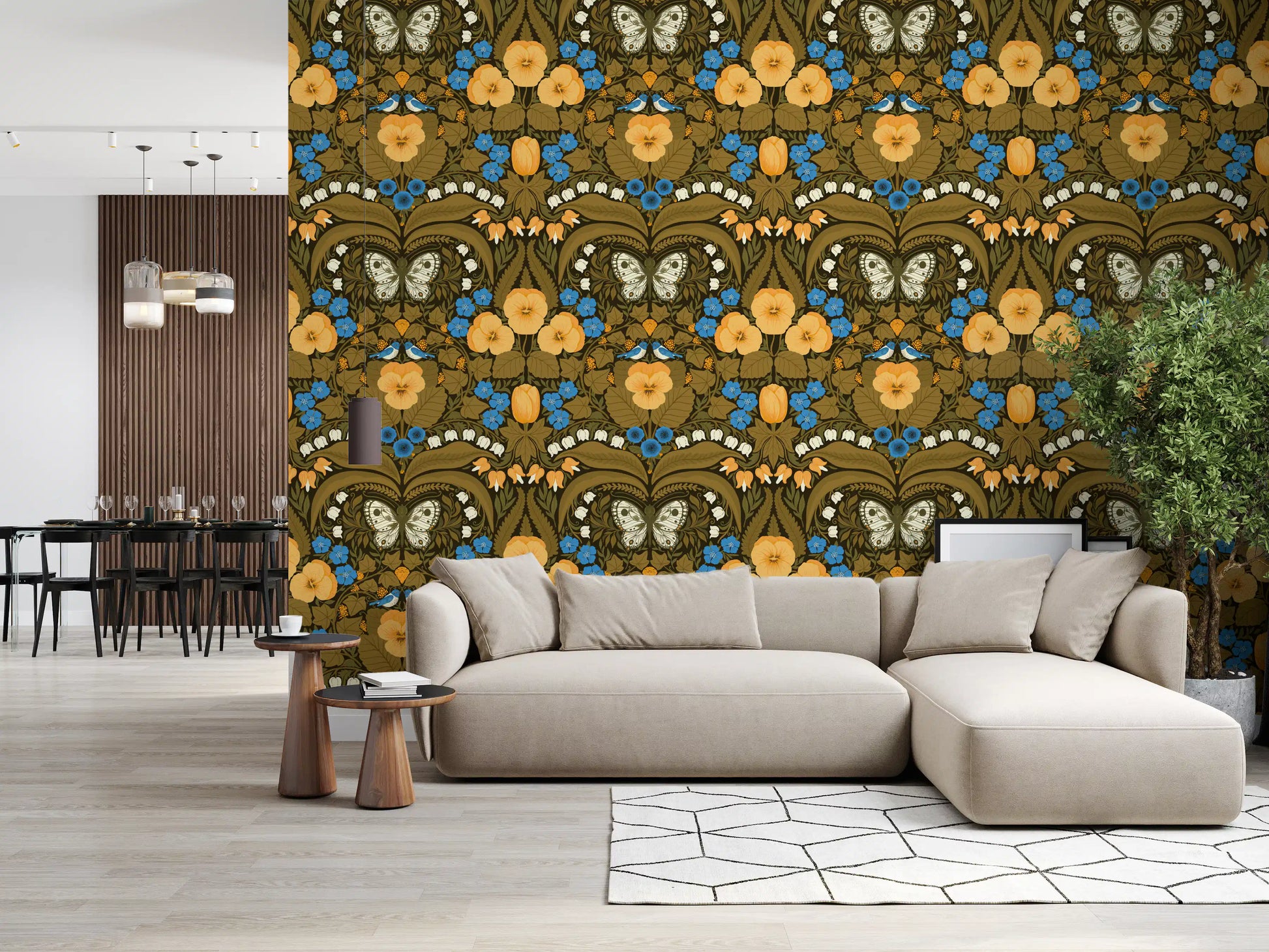A rich garden wallpaper pattern repeats continuously across the textured material.
