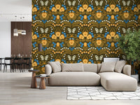 A rich garden wallpaper pattern repeats continuously across the textured material.