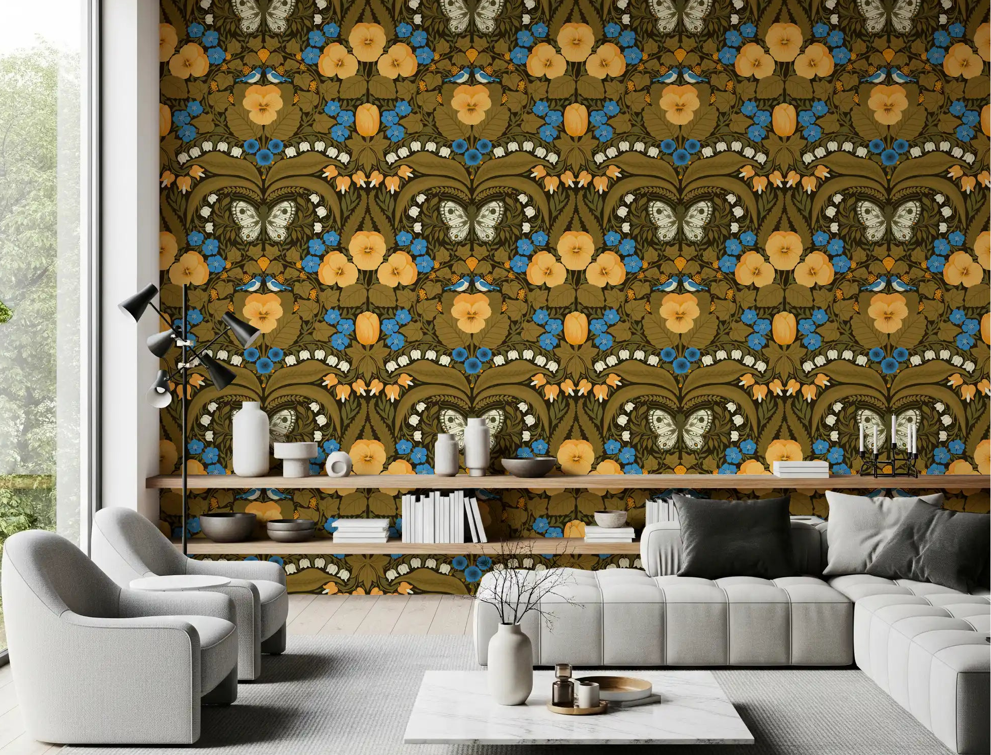The Dollhouse garden, pansies, birds and butterflies Wallpaper the main Hallway.