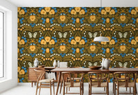 The Dollhouse garden, pansies, birds and butterflies Wallpaper displays intricate flora.