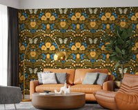Colorful butterflies feature on the Living room wallpaper inside this home.