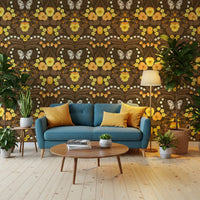Living room spaces highlight the detailed pansy Dollhouse garden wallpaper.