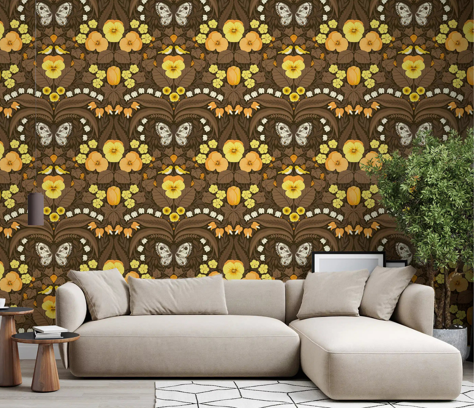 Yellow pansies flourish on the Dollhouse garden wallpaper in a living room.