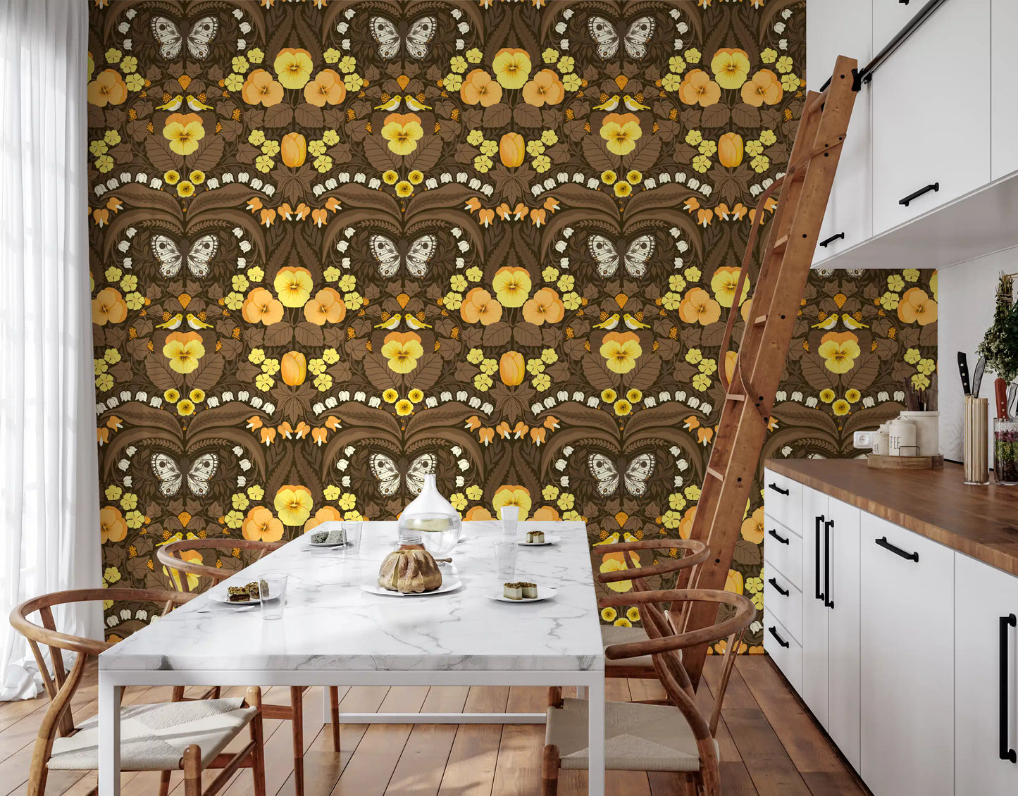 Intricate butterflies float above avian pairs on the Dollhouse garden wallpaper.