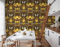Intricate butterflies float above avian pairs on the Dollhouse garden wallpaper.