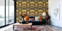 Sunny yellow pansies stand out on this Dollhouse garden wallpaper.