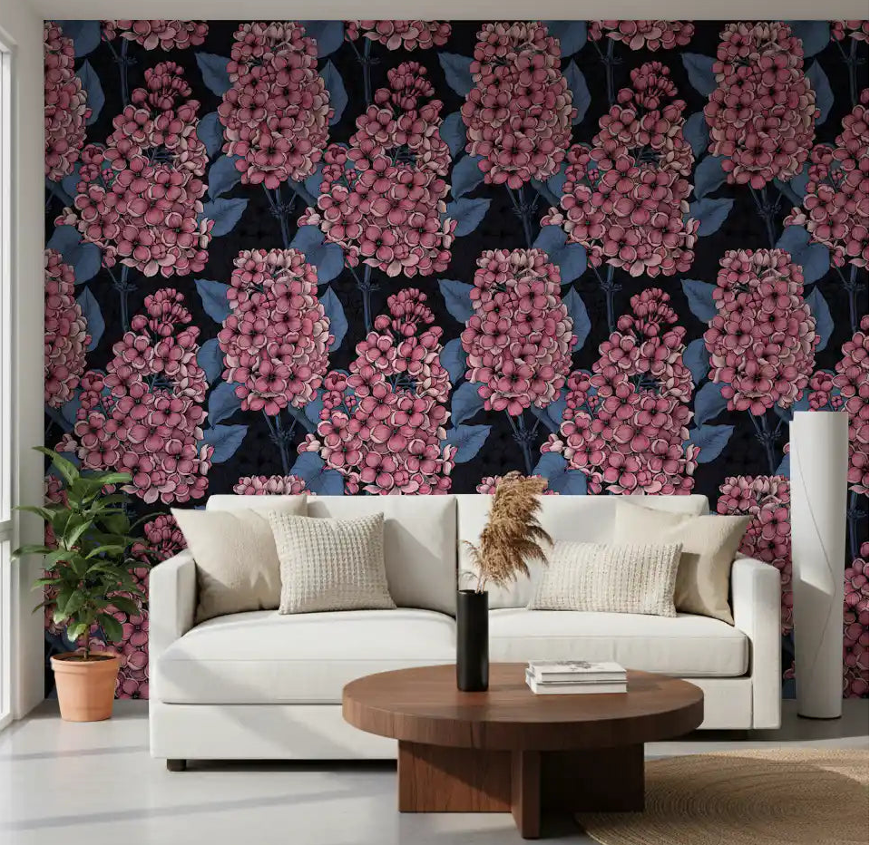 Wide living room featuring our Lilac Wallpaper behind a modern white couch.