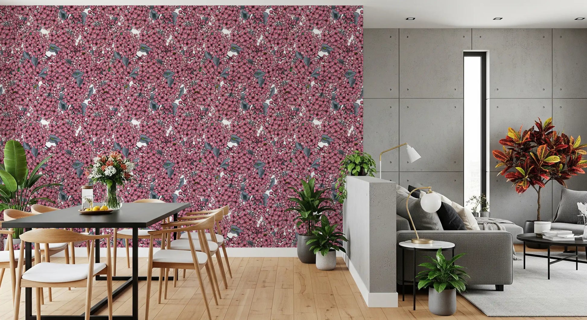 Bold pink blossoms of the Pink Lilac garden wallpaper energize a Living and dining room.