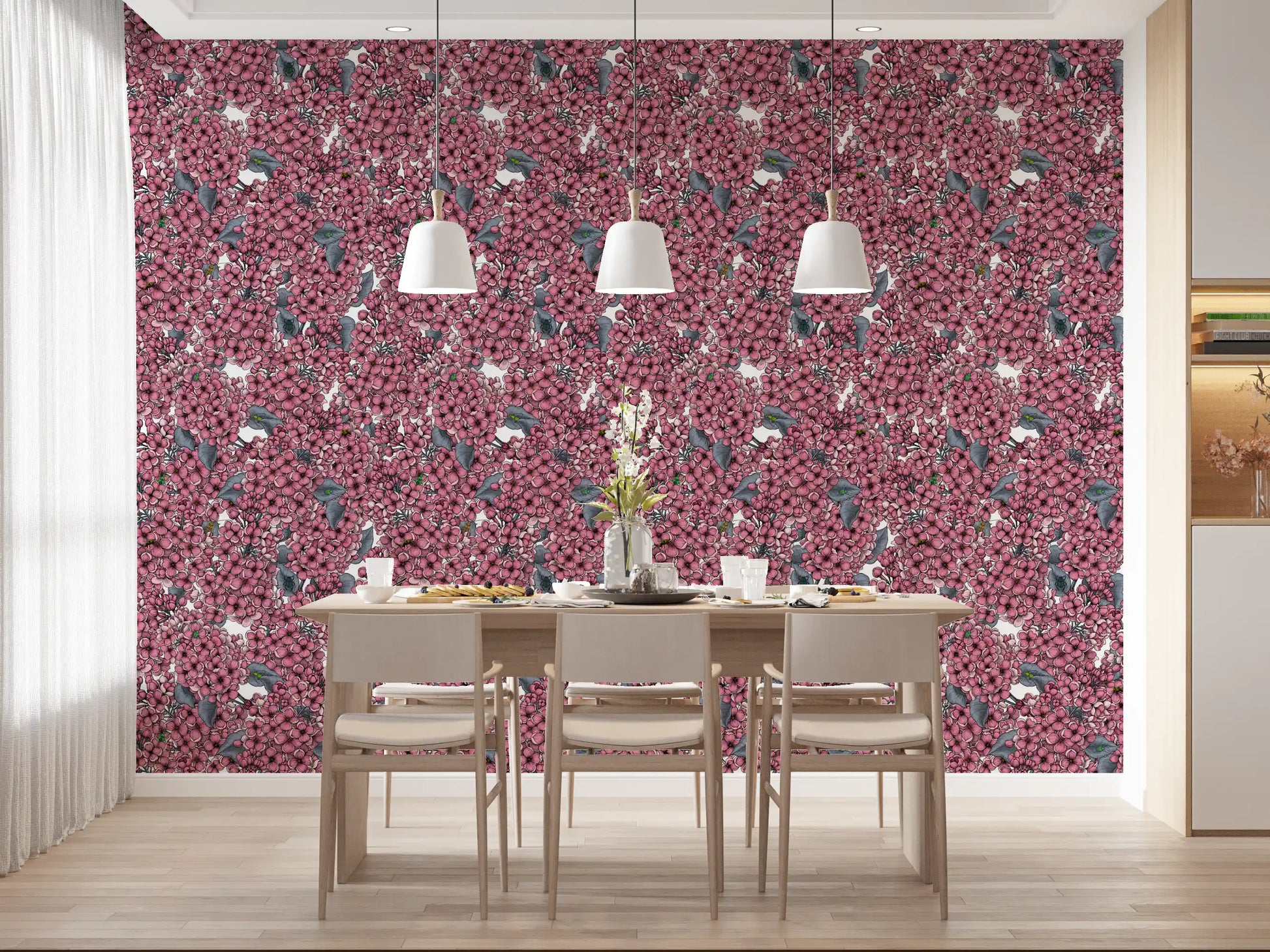 Pink flower petals overlap closely within the Pink Lilac garden wallpaper.