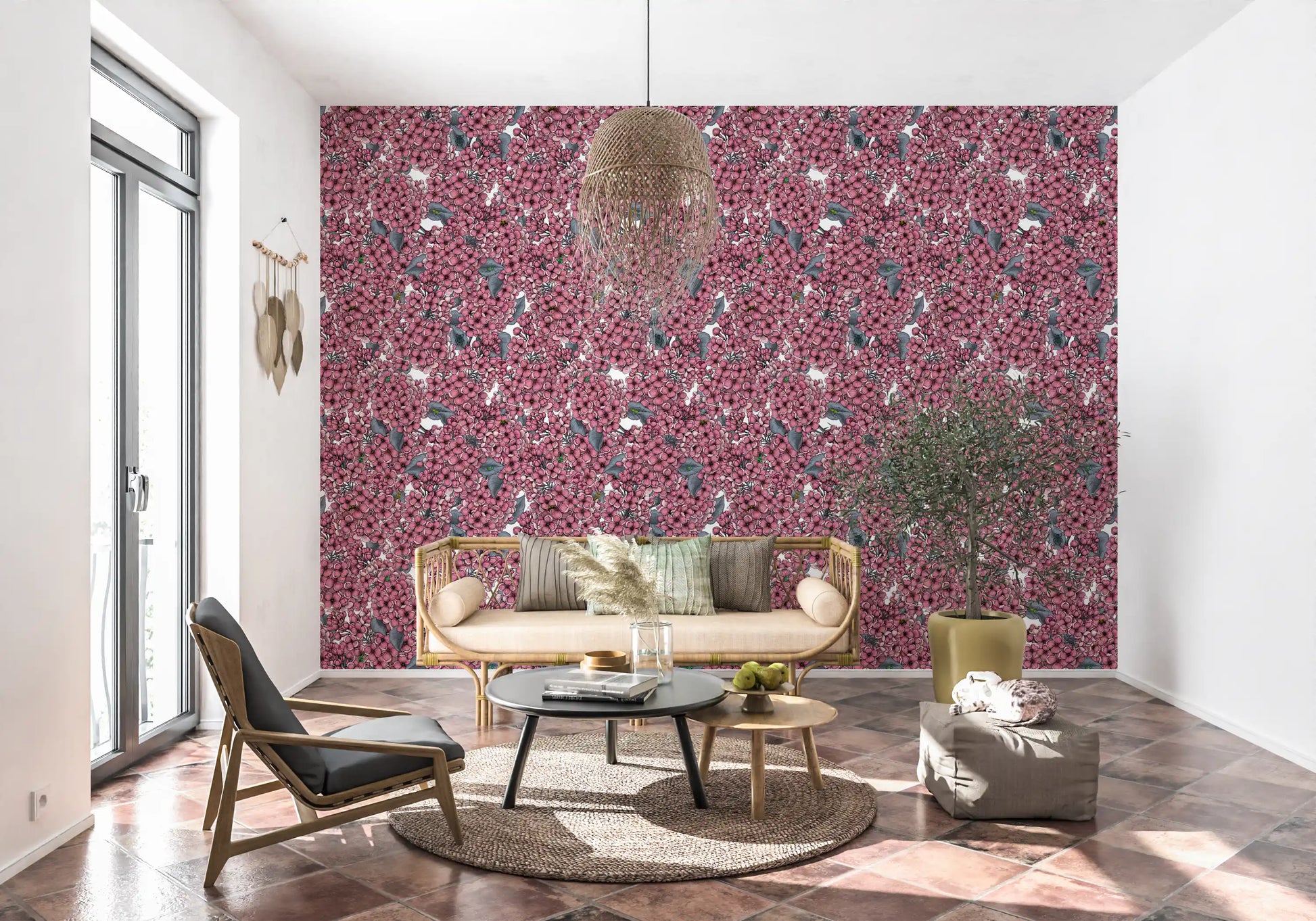 Highly detailed linework defines the beautiful Pink Lilac wallpaper.