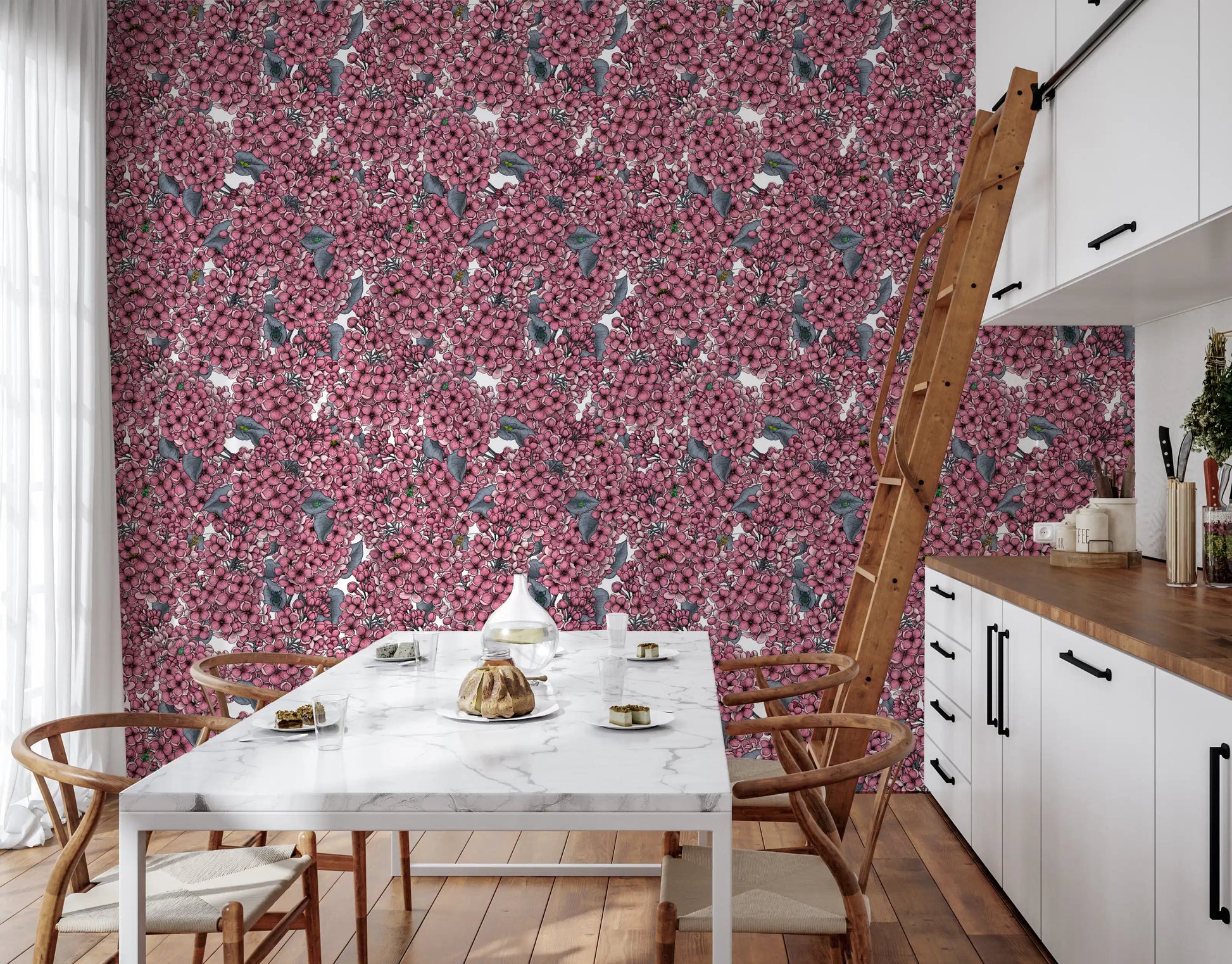 This Kitchen and dining room displays the rich botanical Pink Lilac wallpaper.