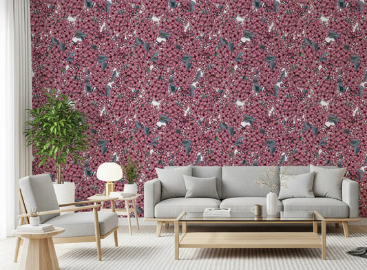 Sunlight illuminates the Pink Lilac garden wallpaper inside this living room.