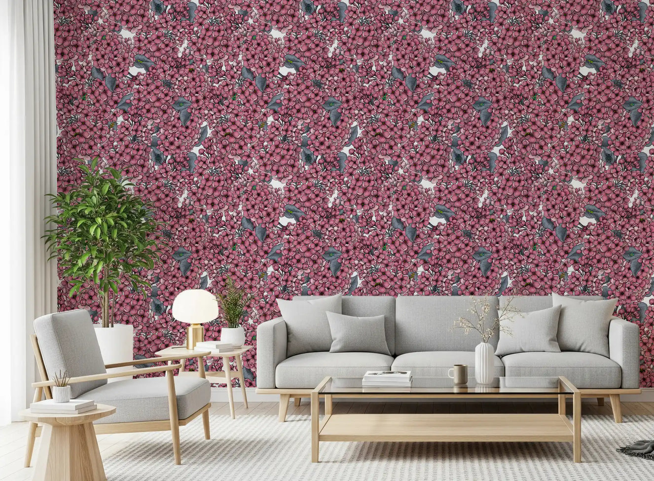 Sunlight illuminates the Pink Lilac garden wallpaper inside this living room.