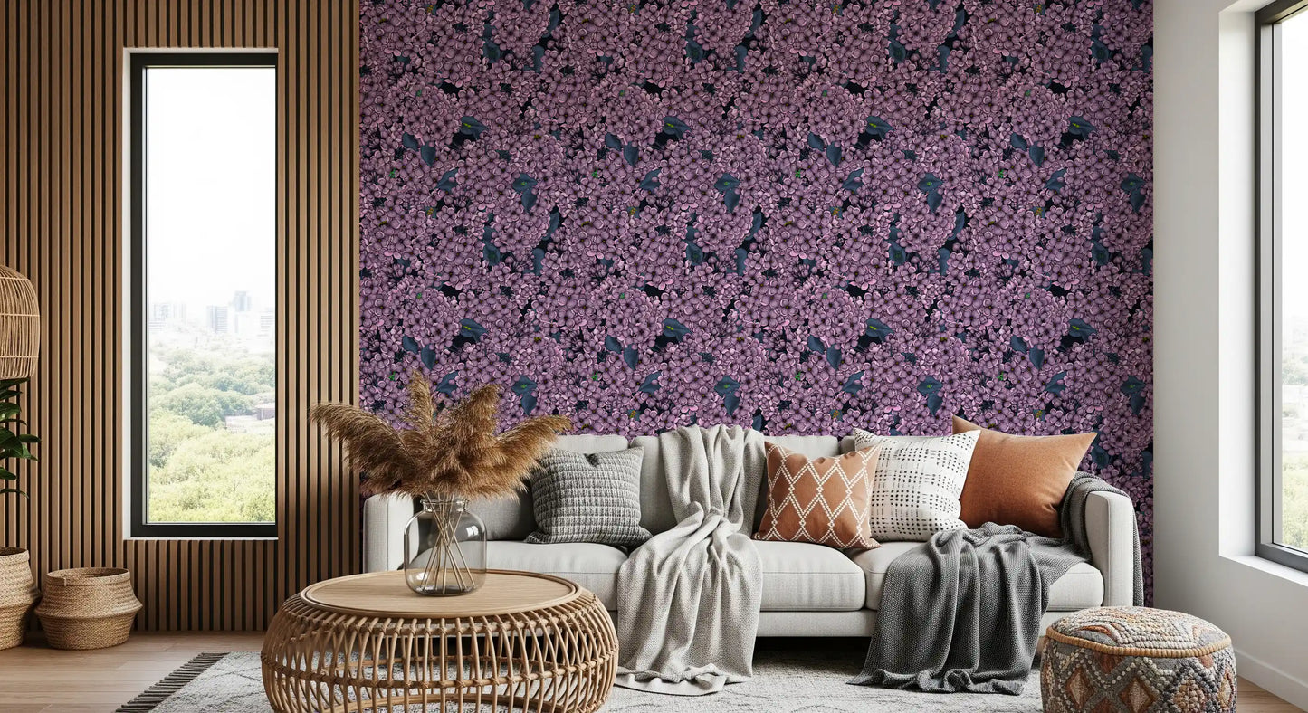 A quiet Living room appears refreshed by the Violet Lilac garden wallpaper.
