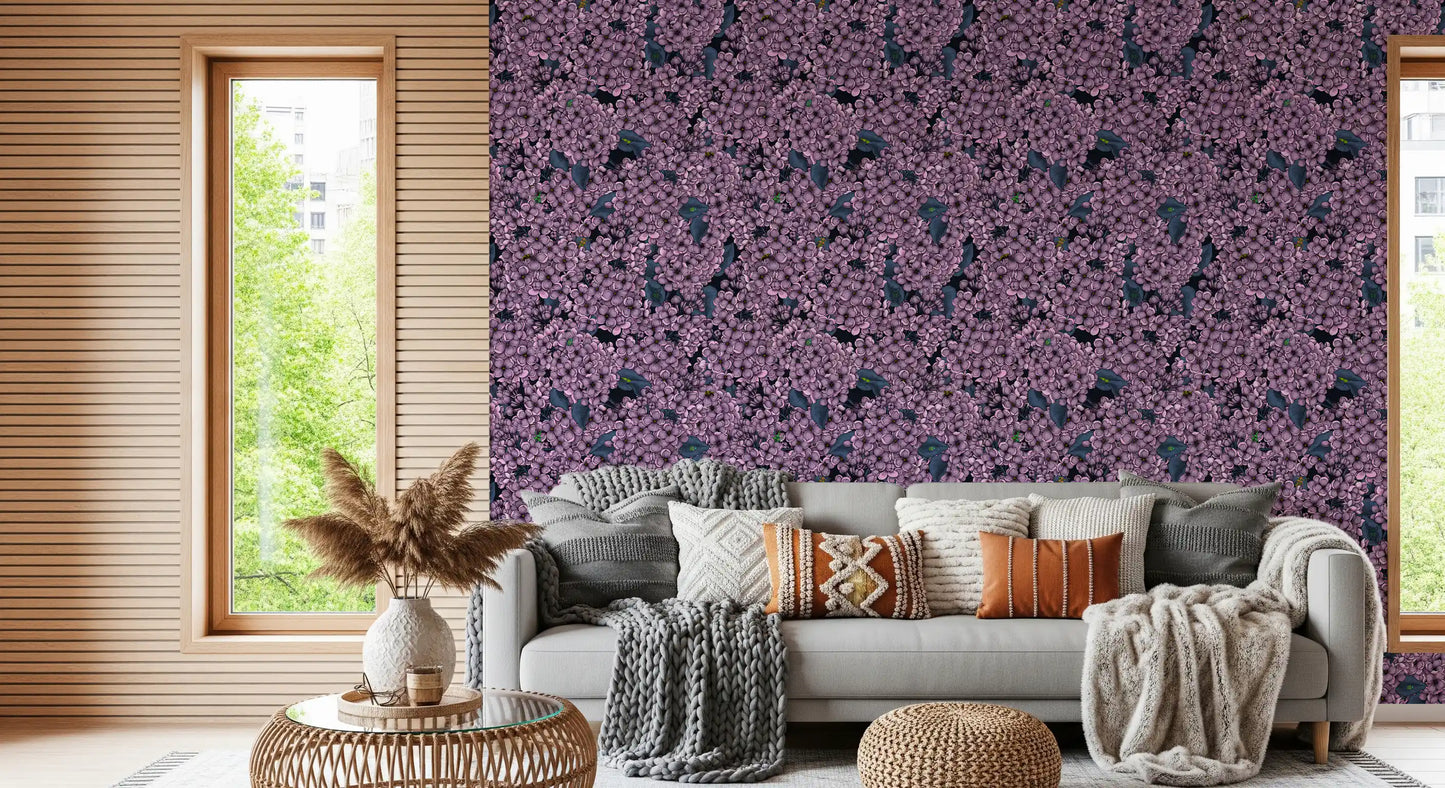 Intricate botanical sketches appear on this Violet Lilac botanical wallpaper.