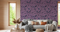 Intricate botanical sketches appear on this Violet Lilac botanical wallpaper.
