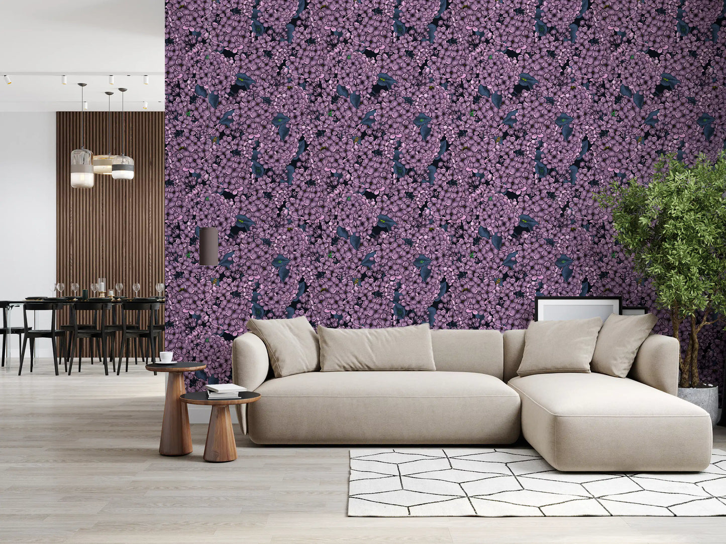 Dark Living room interiors benefit from this vibrant Violet Lilac garden wallpaper.