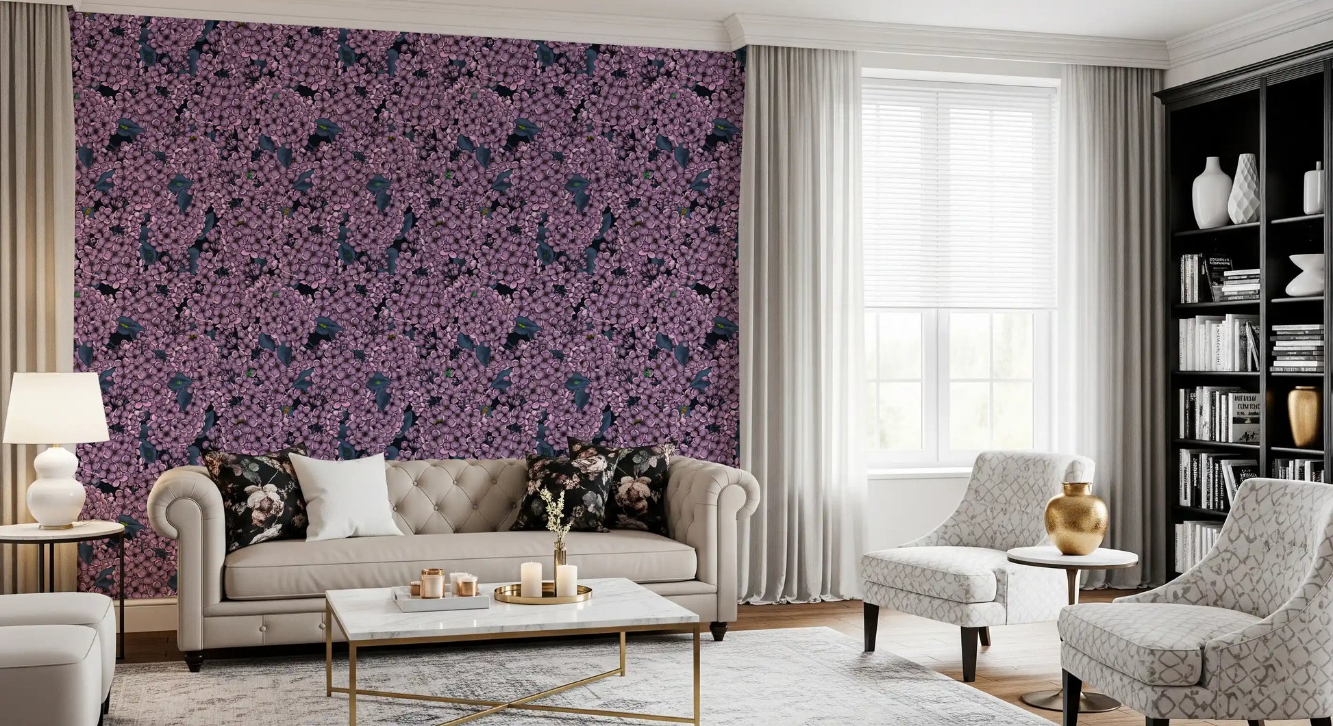 Elegant lounge settings use the Violet Lilac garden wallpaper for added depth.
