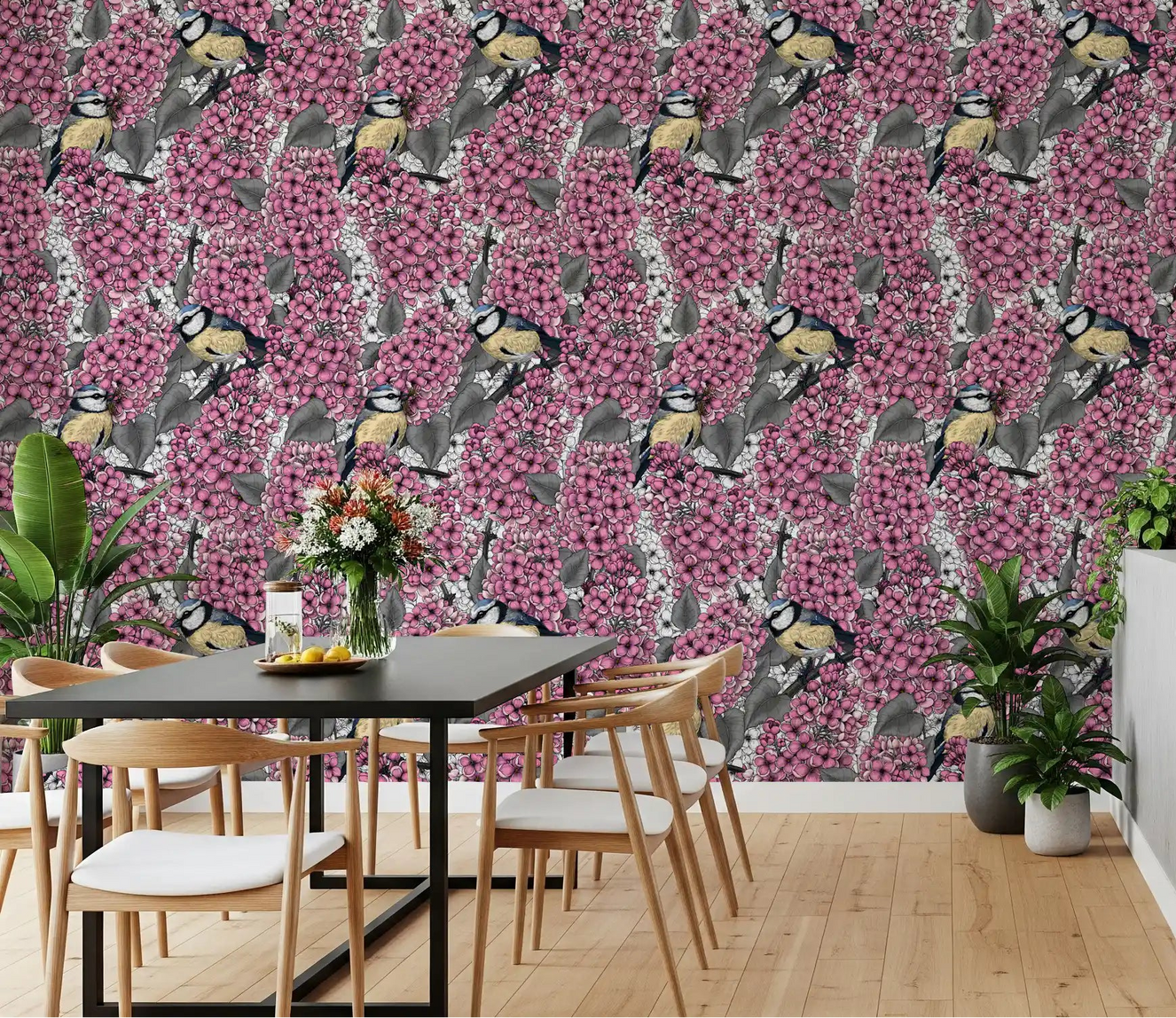 Dining rooms feature the Birds in pink lilac garden wallpaper.
