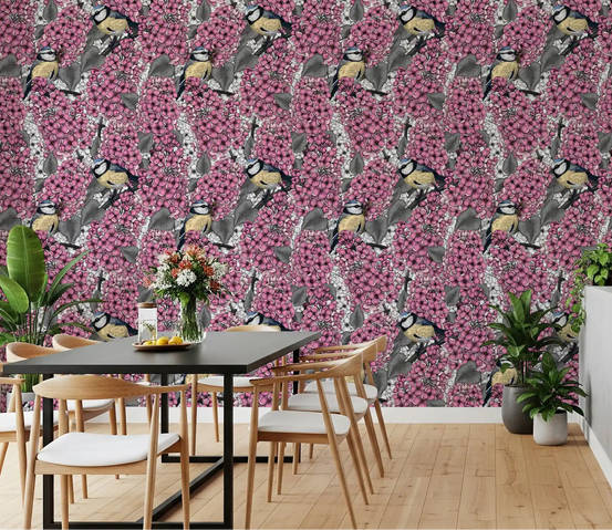 Dining rooms feature the Birds in pink lilac garden wallpaper.