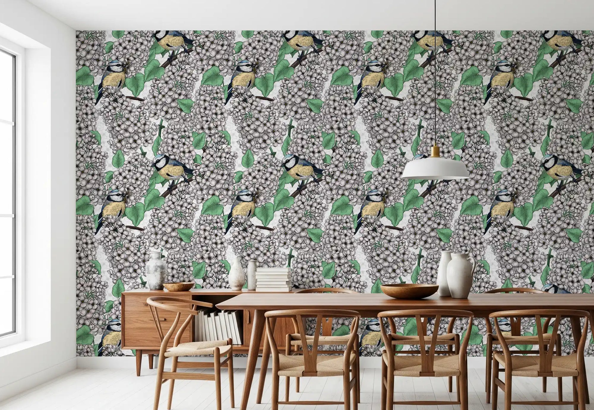 The Birds in the lilac tree, white and green Wallpaper covers the main Dining room space.
