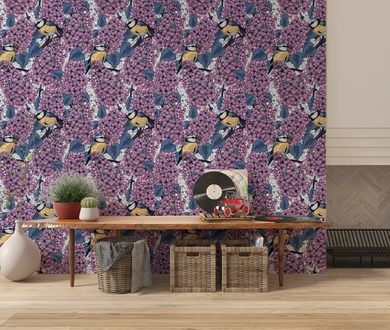 Papier peint Oiseaux dans un jardin lilas violet