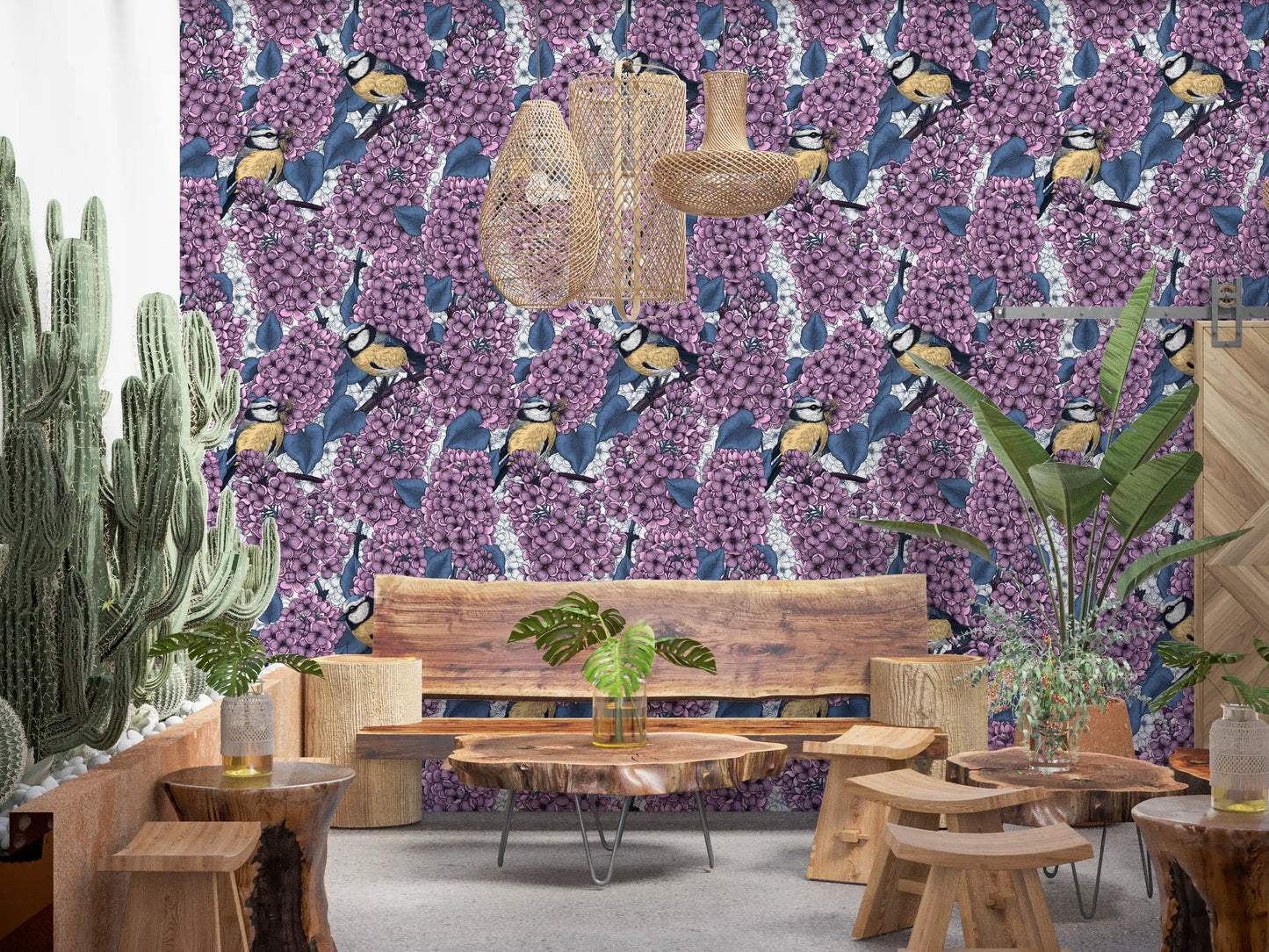 Small blue birds rest gracefully among the stems on this detailed wallpaper.