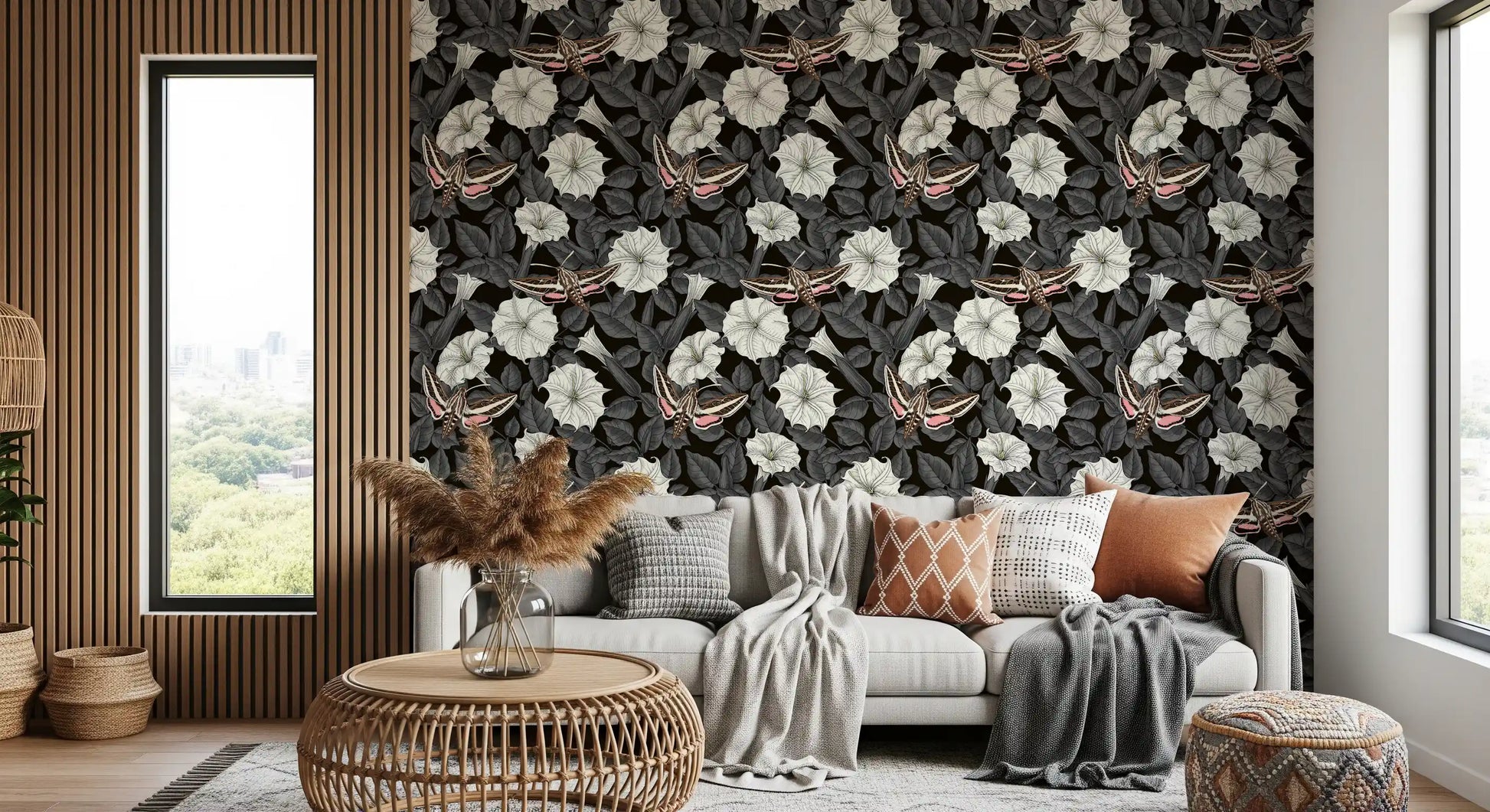 High contrast defines the Moonflowers and sphinx moths wallpaper pattern.