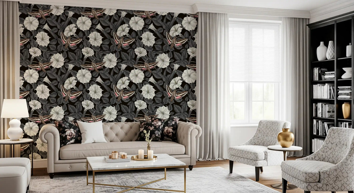 This moody lounge wears the intricate sphinx moth wallpaper.