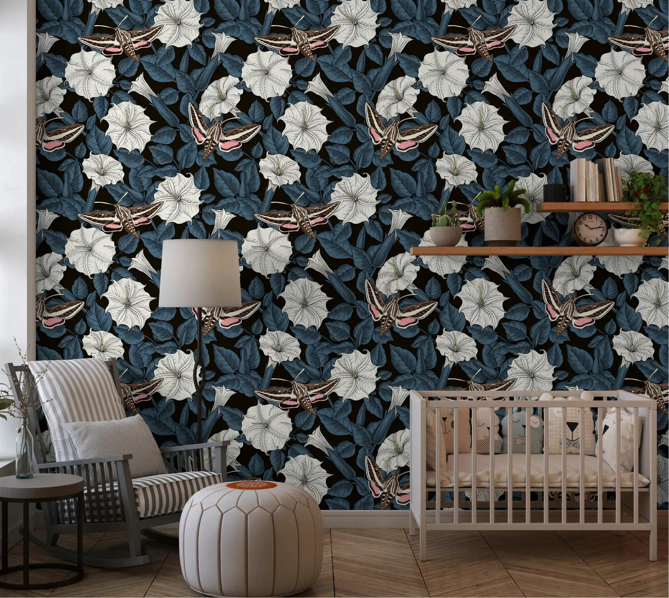 Nursery featuring the Moonflowers and sphinx moths wallpaper.
