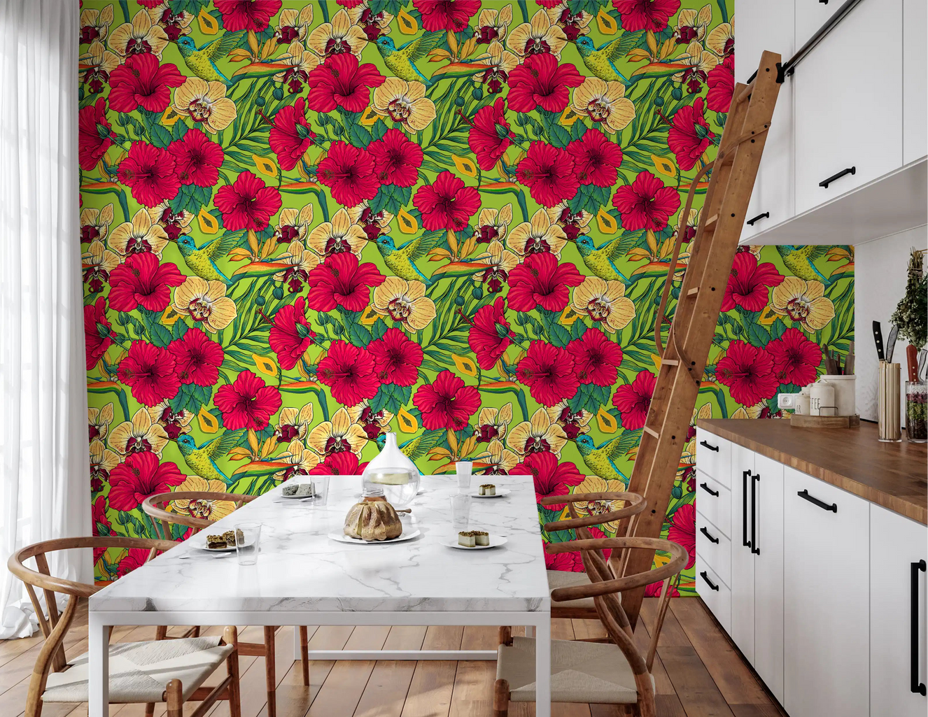 Dining room features the Tropical Florals and Hummingbird wallpaper.