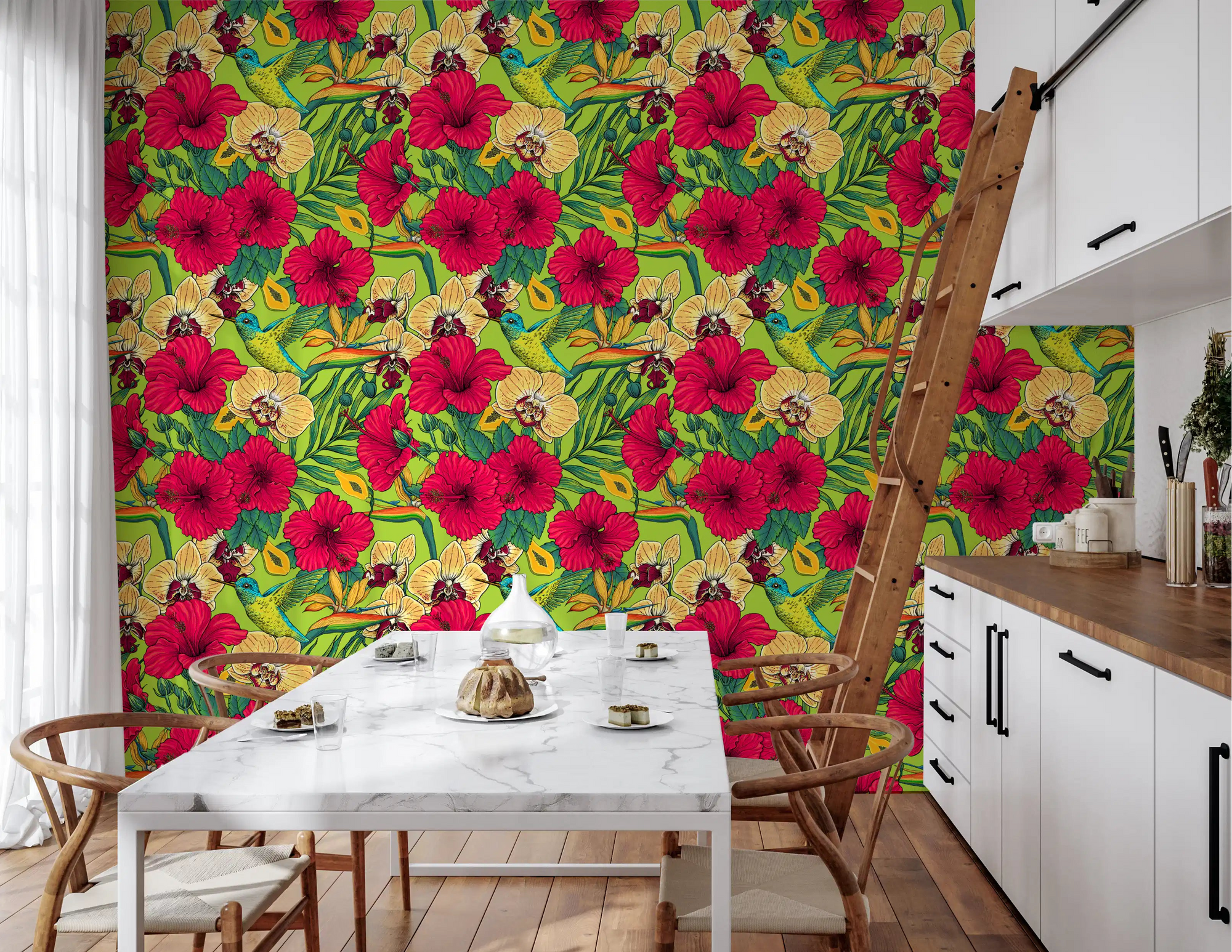 Dining room features the Tropical Florals and Hummingbird wallpaper.