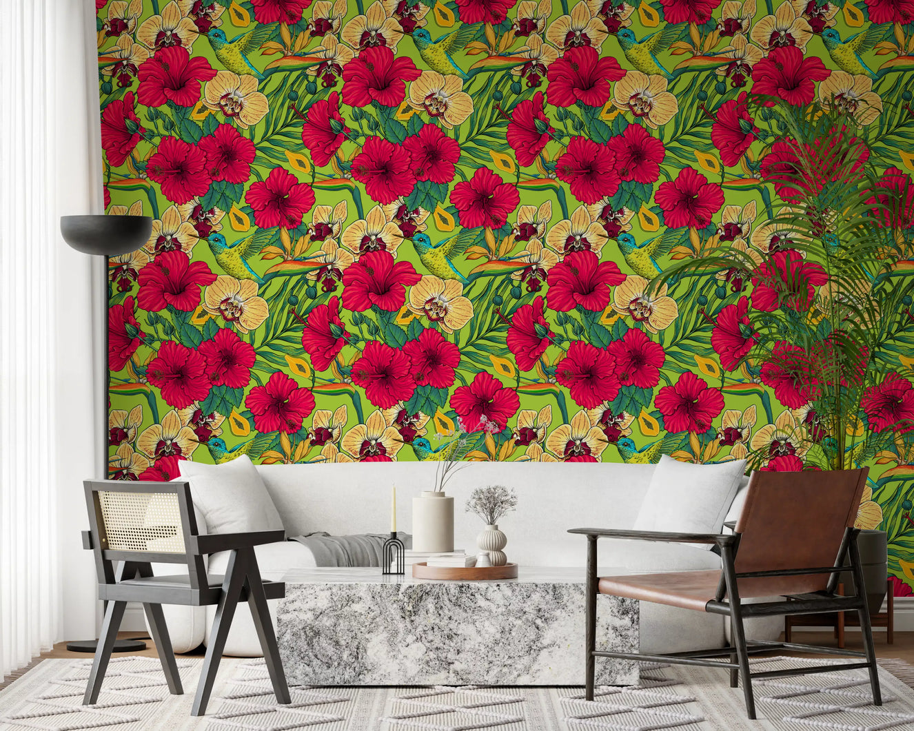 Fleurs tropicales et colibri - Papier peint jardin botanique d'été