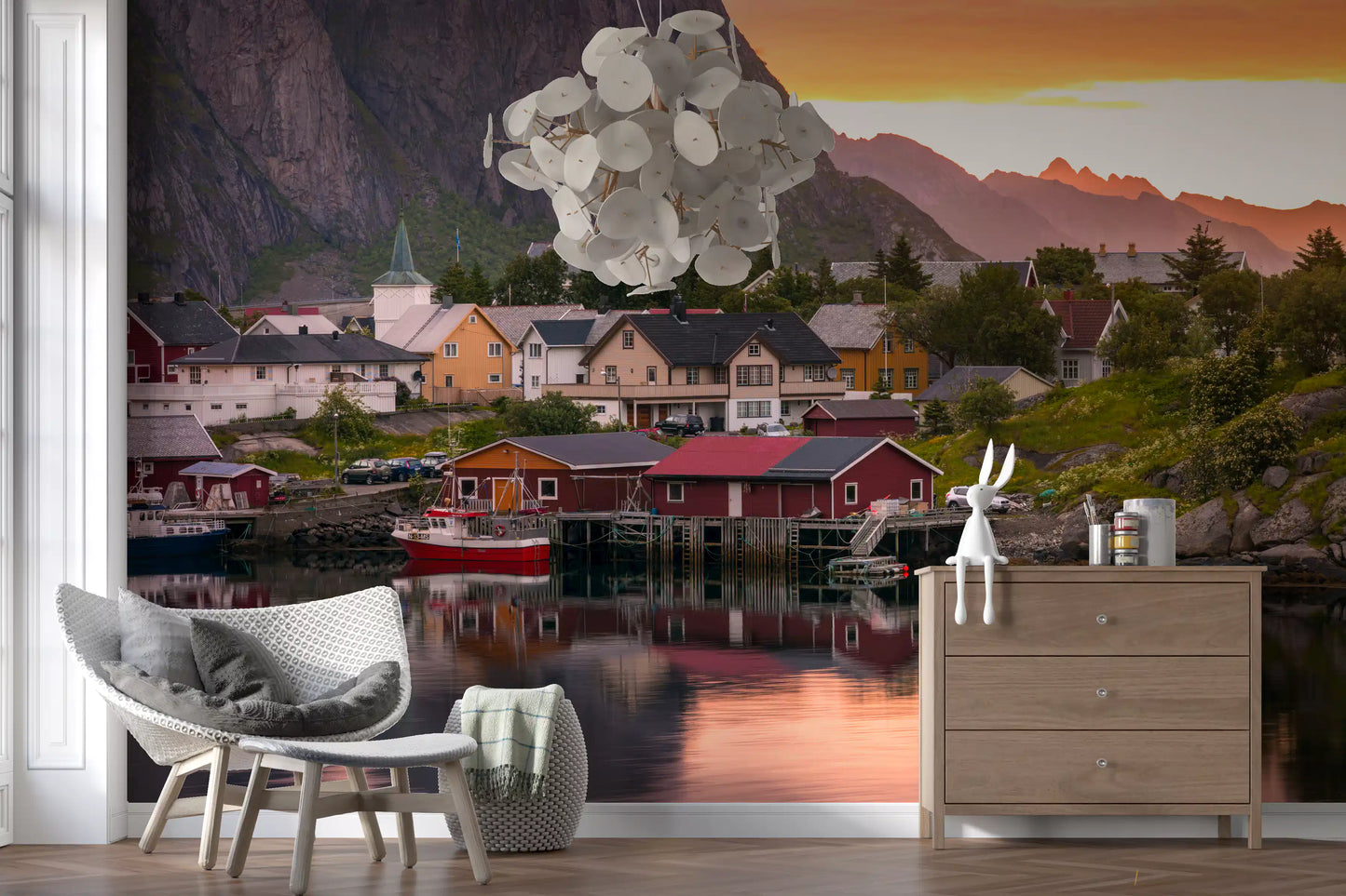 Mural de Pared Atardecer y Fiordo en el Pueblo de Lofoten