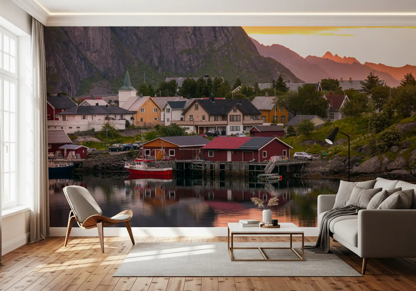 Mural de Pared Atardecer y Fiordo en el Pueblo de Lofoten