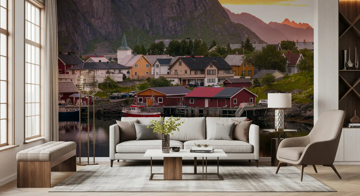 Mural de Pared Atardecer y Fiordo en el Pueblo de Lofoten