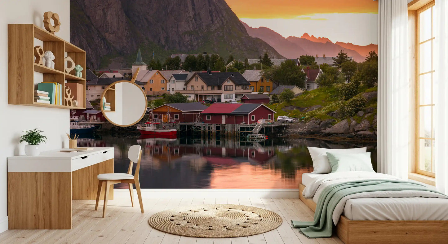 Mural de Pared Atardecer y Fiordo en el Pueblo de Lofoten