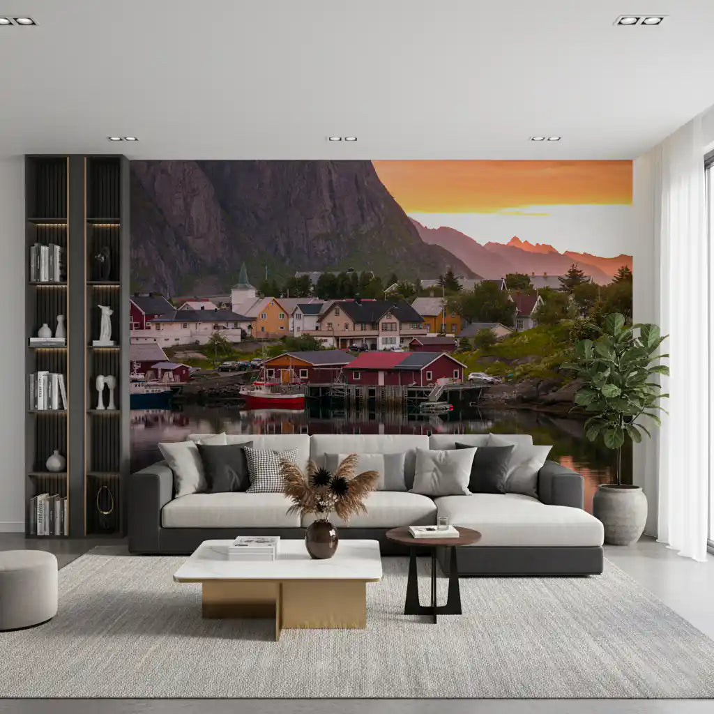 Mural de Pared Atardecer y Fiordo en el Pueblo de Lofoten